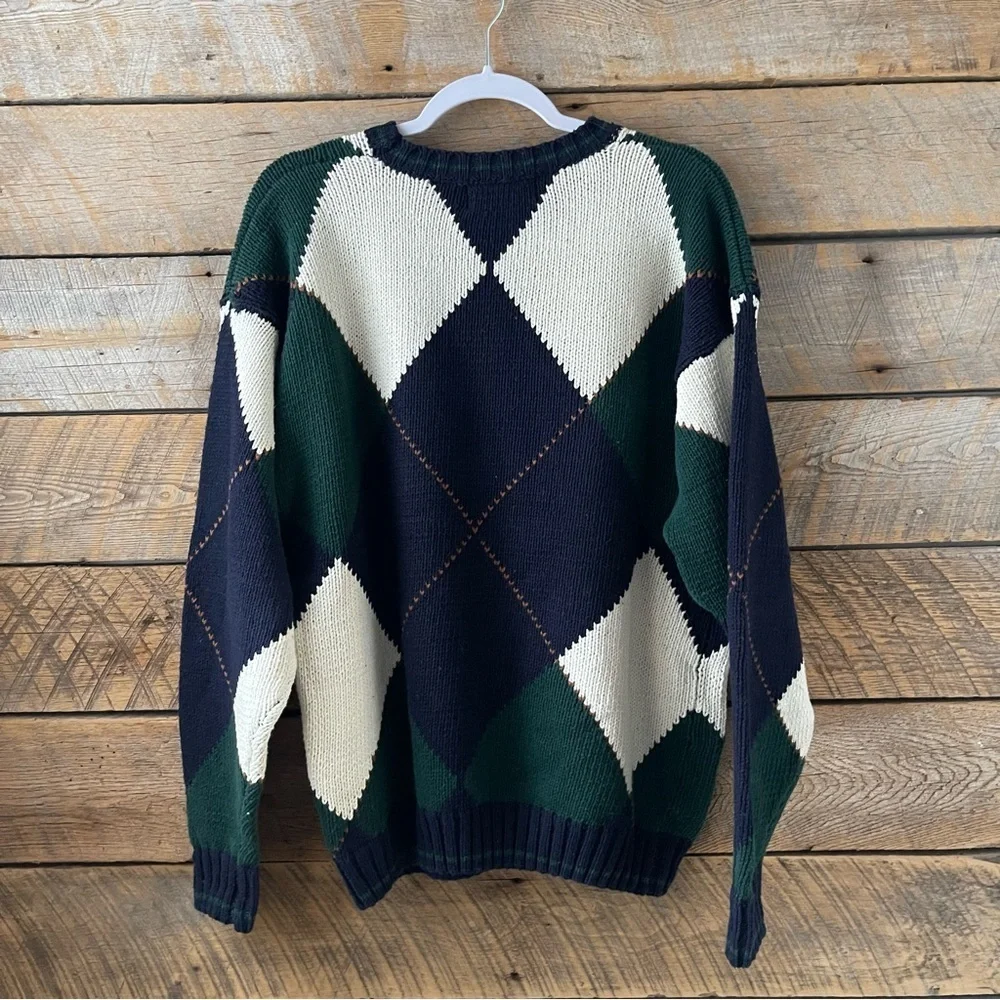 Vintage New River Co 90s Sweater Mens XL X-Large Blue Green Argyle Knit Chunky